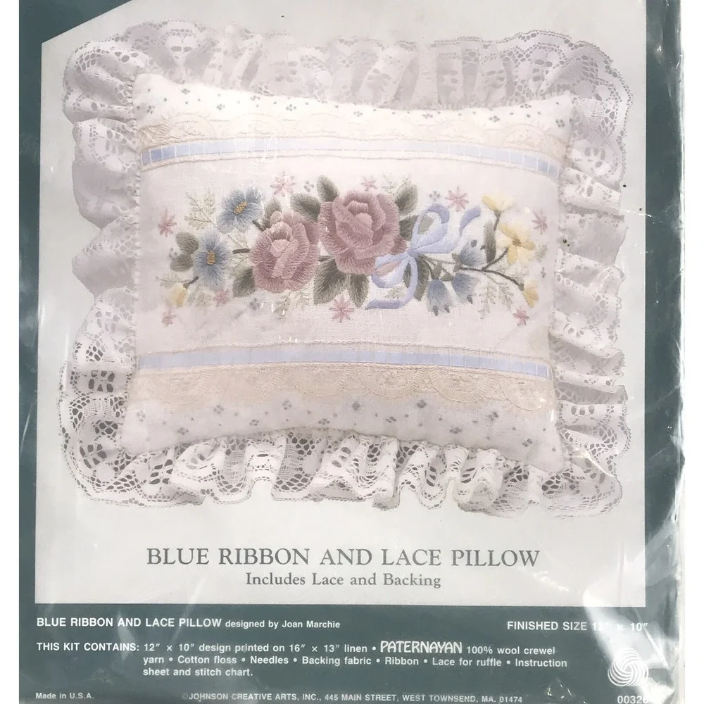 Elsa Williams Crewel Embroidery Pillow Kit Blue Ribbon And Lace Floral 12X10 New